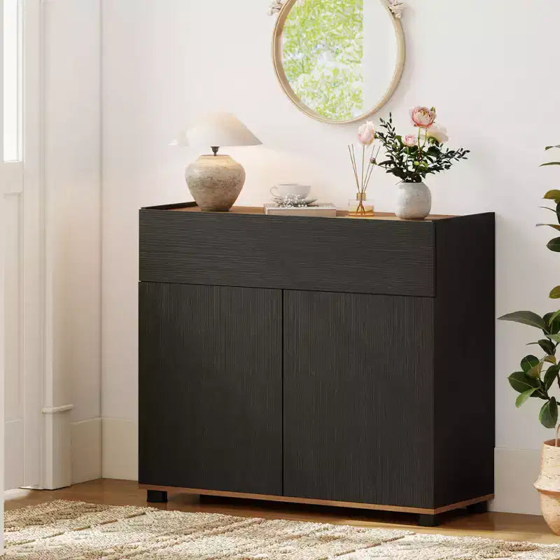 Costway Bahut de Cuisine avec Rangement, Tiroir et Portes Push-to-Open Noir/Blanc