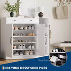 COZONY 39 Armoire à chaussures de ferme avec portes coulissantes et tiroirs, Organisateur de chaussures d'entrée avec étagères réglables et rangements ouverts