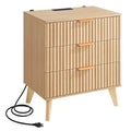 VEVOR Fluted Nightstand with Charging Station, with 3 Drawers, Dresser for Bedroom, Mid Century Modern End Table, Chest of Dresser, Brown