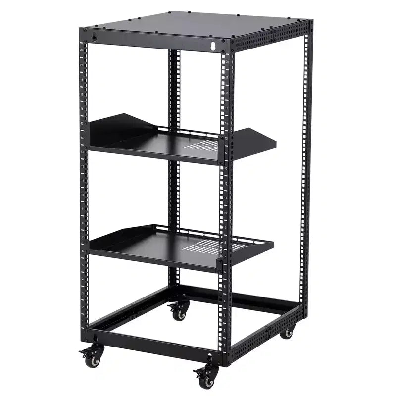 Heavy Duty Carbon Steel Open Frame Network Rack 20U  Adjustable Height 22-40in, 2 Trays, 4 Lockable Casters  Floor/Wall Mount for IT, AV Equipment