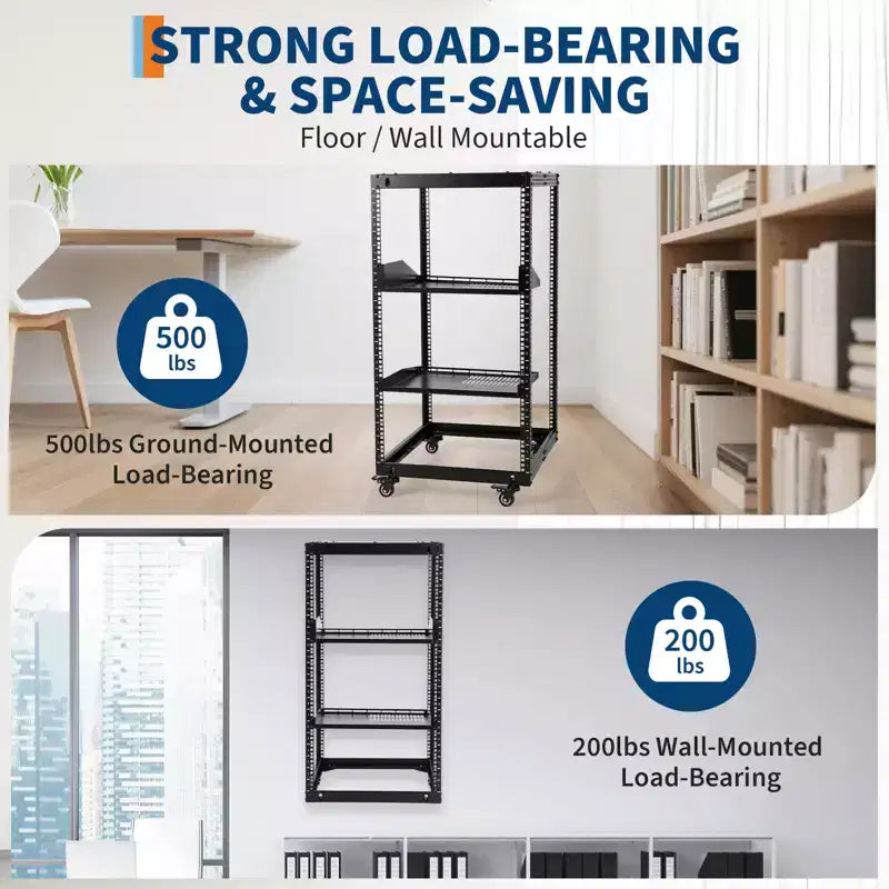Rack réseau à cadre ouvert en acier au carbone robuste 20U, hauteur réglable 22-40 pouces, 2 plateaux, 4 roulettes verrouillables, fixation au sol/mur pour équipement informatique et audiovisuel
