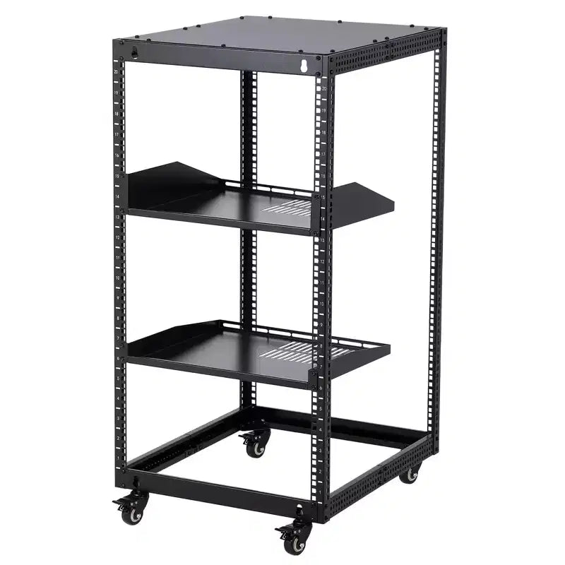 Rack réseau à cadre ouvert en acier au carbone robuste 20U, hauteur réglable 22-40 pouces, 2 plateaux, 4 roulettes verrouillables, fixation au sol/mur pour équipement informatique et audiovisuel