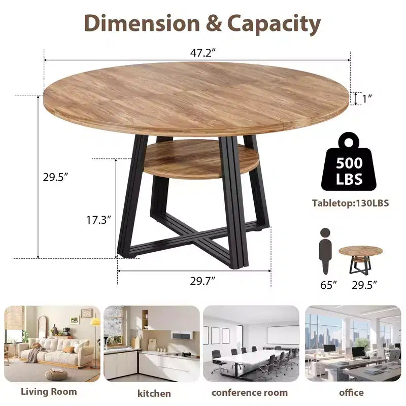 Table à manger ronde de 119 cm pour 4 personnes, table à manger de cuisine circulaire sur pied, table peu encombrante pour cuisine et salle à manger en bois