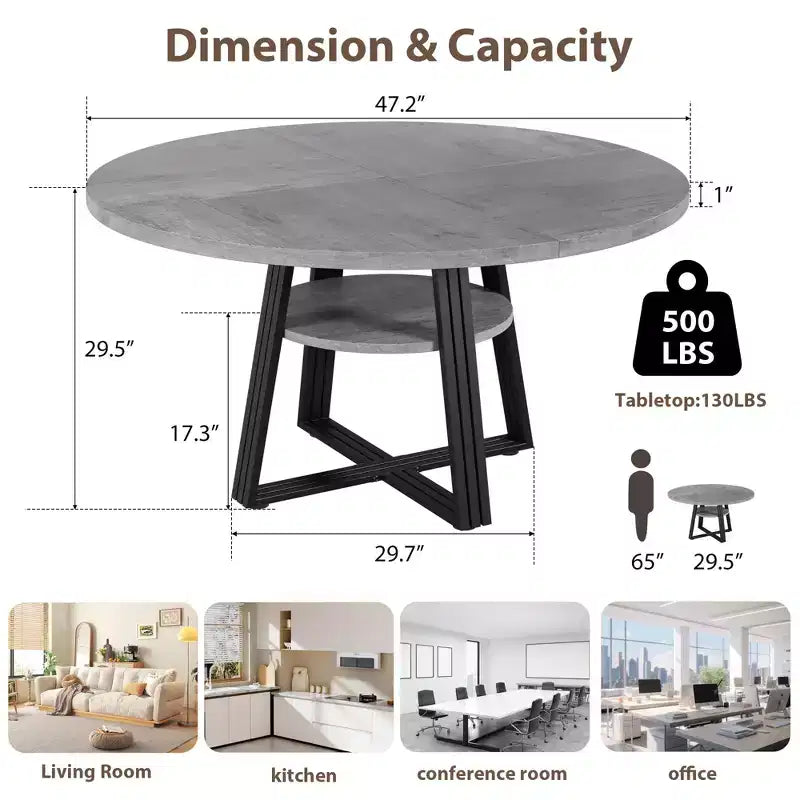 Table à manger ronde de 119 cm pour 4 personnes, table à manger de cuisine circulaire sur pied, table peu encombrante pour cuisine et salle à manger en bois