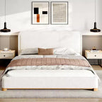 ModernLuxe Queen/King Size Platform Bed Frame, Modern Mid-Century Upholstered Bed with Curved Headboard & Rubberwood Base, White