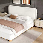 Cadre de lit plateforme ModernLuxe Queen/King Size, lit rembourré moderne de style Mid-Century avec tête de lit incurvée et base en bois d'hévéa, blanc