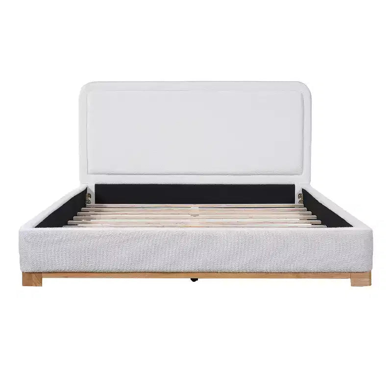 Cadre de lit plateforme ModernLuxe Queen/King Size, lit rembourré moderne de style Mid-Century avec tête de lit incurvée et base en bois d'hévéa, blanc