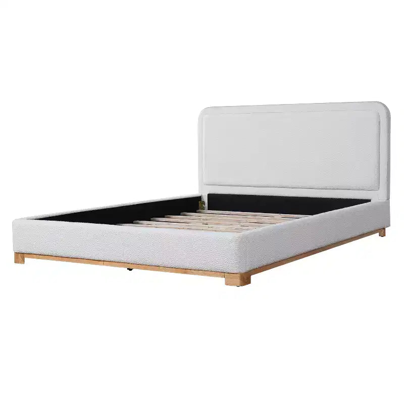 Cadre de lit plateforme ModernLuxe Queen/King Size, lit rembourré moderne de style Mid-Century avec tête de lit incurvée et base en bois d'hévéa, blanc