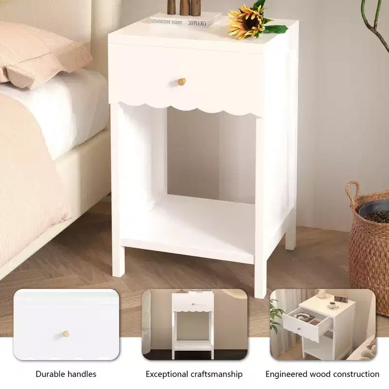 Table de chevet FurnitureR avec bord festonné, tiroir et étagère ouverte, table de chevet moderne, accent de bouton doré pour chambre à coucher, salon, entrée