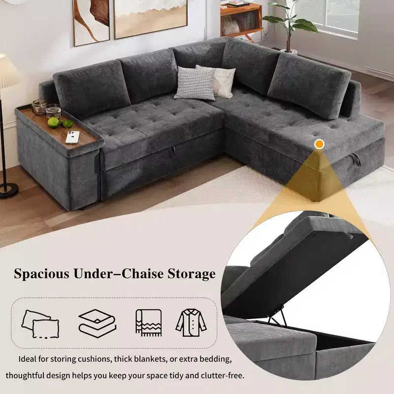 Canapé-lit sectionnel convertible Whisen avec rangement, ensemble de canapé-lit escamotable avec rangement caché - Gris