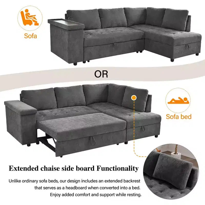 Canapé-lit sectionnel convertible Whisen avec rangement, ensemble de canapé-lit escamotable avec rangement caché - Gris