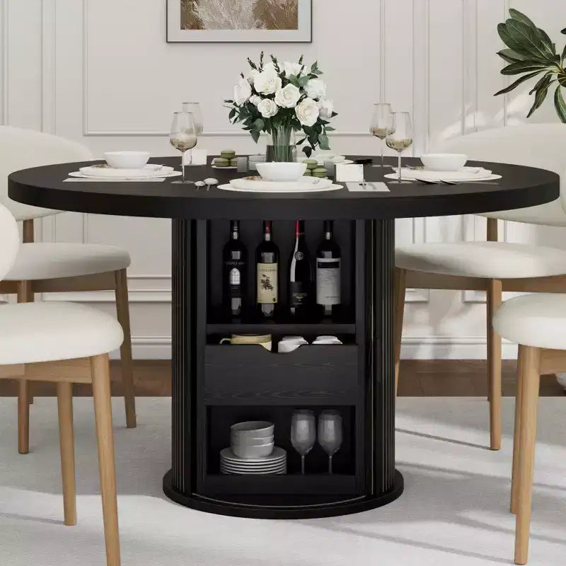 Table à manger ronde de ferme 47 pour 4-6 personnes, étagère de rangement à 2 niveaux et tiroir, table circulaire peu encombrante, idéale pour la salle à manger, la cuisine, le salon