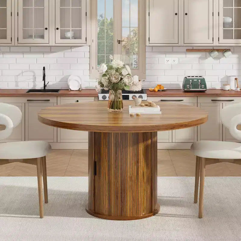 Table à manger ronde de ferme 47 pour 4-6 personnes, étagère de rangement à 2 niveaux et tiroir, table circulaire peu encombrante, idéale pour la salle à manger, la cuisine, le salon