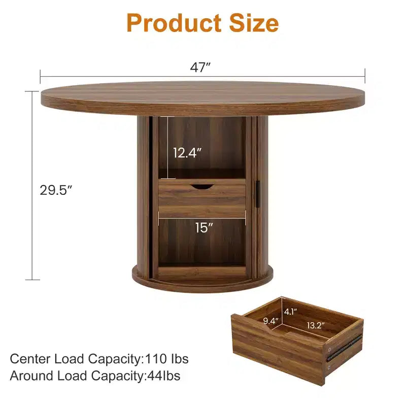 Table à manger ronde de ferme 47 pour 4-6 personnes, étagère de rangement à 2 niveaux et tiroir, table circulaire peu encombrante, idéale pour la salle à manger, la cuisine, le salon