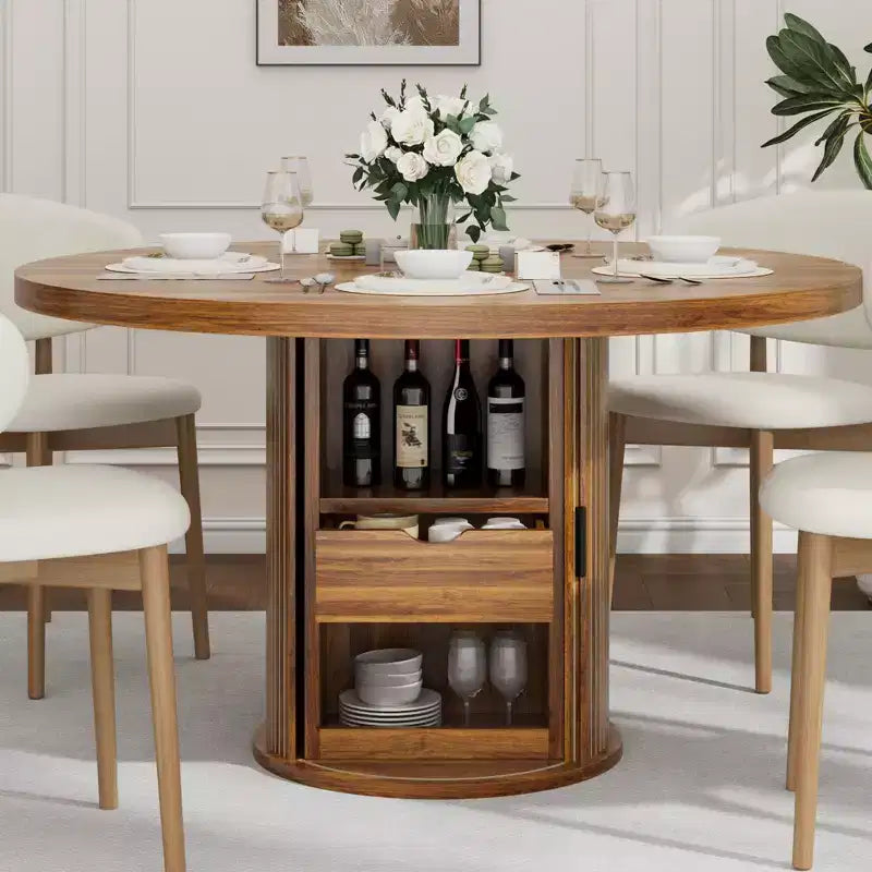 Table à manger ronde de ferme 47 pour 4-6 personnes, étagère de rangement à 2 niveaux et tiroir, table circulaire peu encombrante, idéale pour la salle à manger, la cuisine, le salon