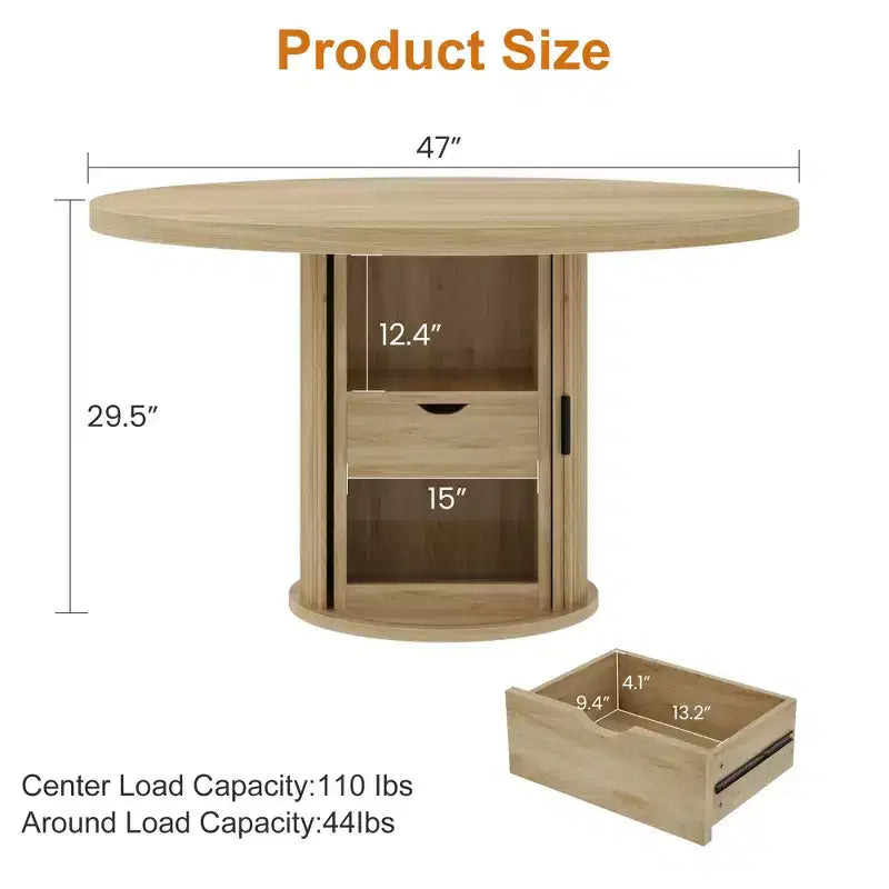 Table à manger ronde de ferme 47 pour 4-6 personnes, étagère de rangement à 2 niveaux et tiroir, table circulaire peu encombrante, idéale pour la salle à manger, la cuisine, le salon