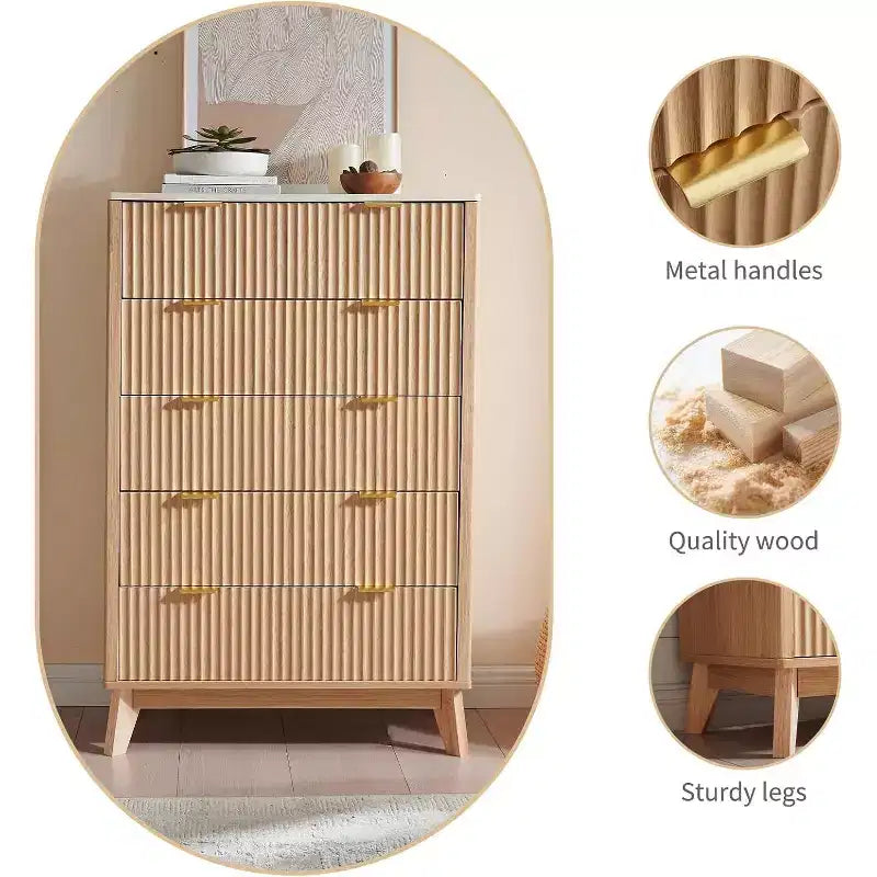 Commode 5 tiroirs cannelée pour chambre à coucher, commode moderne avec poignée en métal, organiseur de tiroirs en bois pour chambre à coucher, salon, couloir
