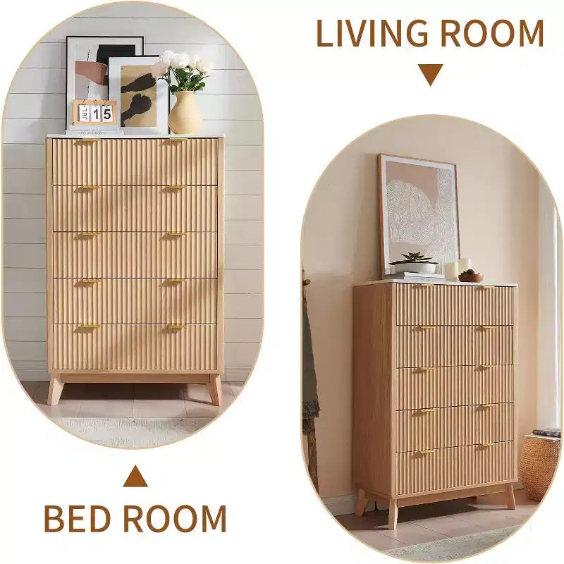 Commode 5 tiroirs cannelée pour chambre à coucher, commode moderne avec poignée en métal, organiseur de tiroirs en bois pour chambre à coucher, salon, couloir