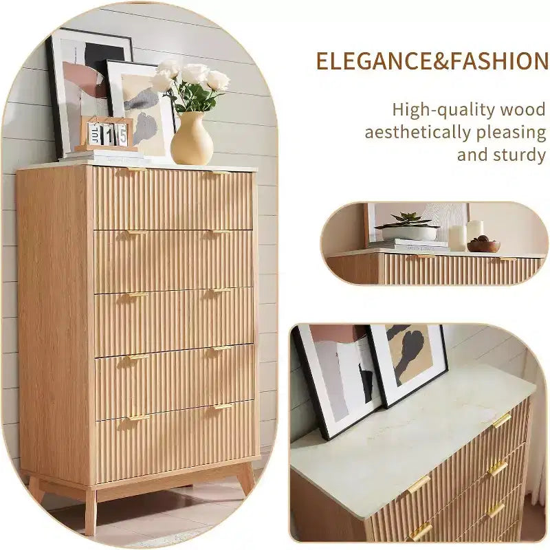 Commode 5 tiroirs cannelée pour chambre à coucher, commode moderne avec poignée en métal, organiseur de tiroirs en bois pour chambre à coucher, salon, couloir