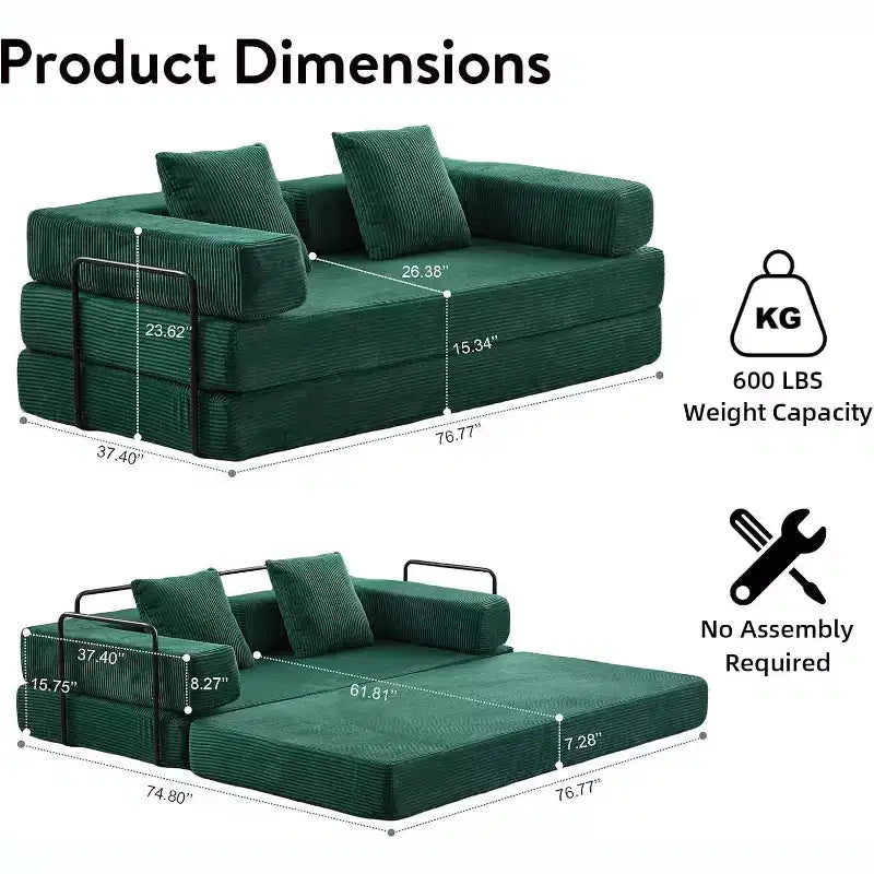 MooxvMoo Canapé-lit convertible, futon en velours côtelé avec oreiller, pour salon et chambre, vert