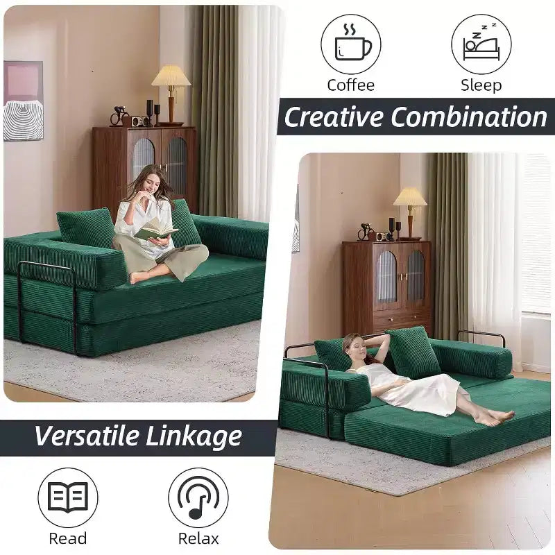 MooxvMoo Canapé-lit convertible, futon en velours côtelé avec oreiller, pour salon et chambre, vert