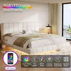 Cadre de lit flottant en boucle blanche avec bande lumineuse LED, coins anti-collision et design surélevé facile à nettoyer pour chambres modernes, Queen