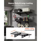 Étagère de garage murale robuste VEVOR à 2 niveaux, étagère murale en acier de 60x120 cm avec crochets, support de rangement flottant en métal de 60x120 cm, 227 kg, noir