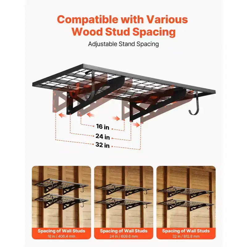 Étagère de garage murale robuste VEVOR à 2 niveaux, étagère murale en acier de 60x120 cm avec crochets, support de rangement flottant en métal de 60x120 cm, 227 kg, noir