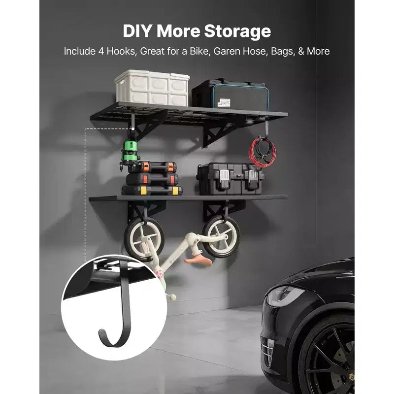 Étagère de garage murale robuste VEVOR à 2 niveaux, étagère murale en acier de 60x120 cm avec crochets, support de rangement flottant en métal de 60x120 cm, 227 kg, noir