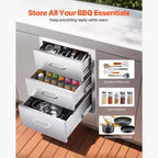 Tiroirs de cuisine extérieure VEVOR 18,11 L x 23,23 P x 23,23 H, tiroirs de barbecue en acier inoxydable à triple accès avec poignées, argent