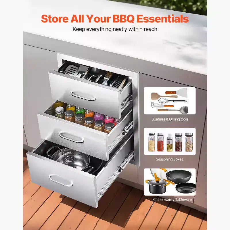 Tiroirs de cuisine extérieure VEVOR 18,11 L x 23,23 P x 23,23 H, tiroirs de barbecue en acier inoxydable à triple accès avec poignées, argent