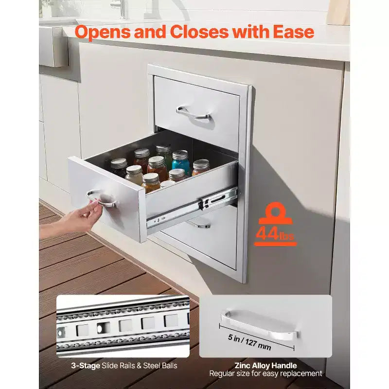 Tiroirs de cuisine extérieure VEVOR 18,11 L x 23,23 P x 23,23 H, tiroirs de barbecue en acier inoxydable à triple accès avec poignées, argent