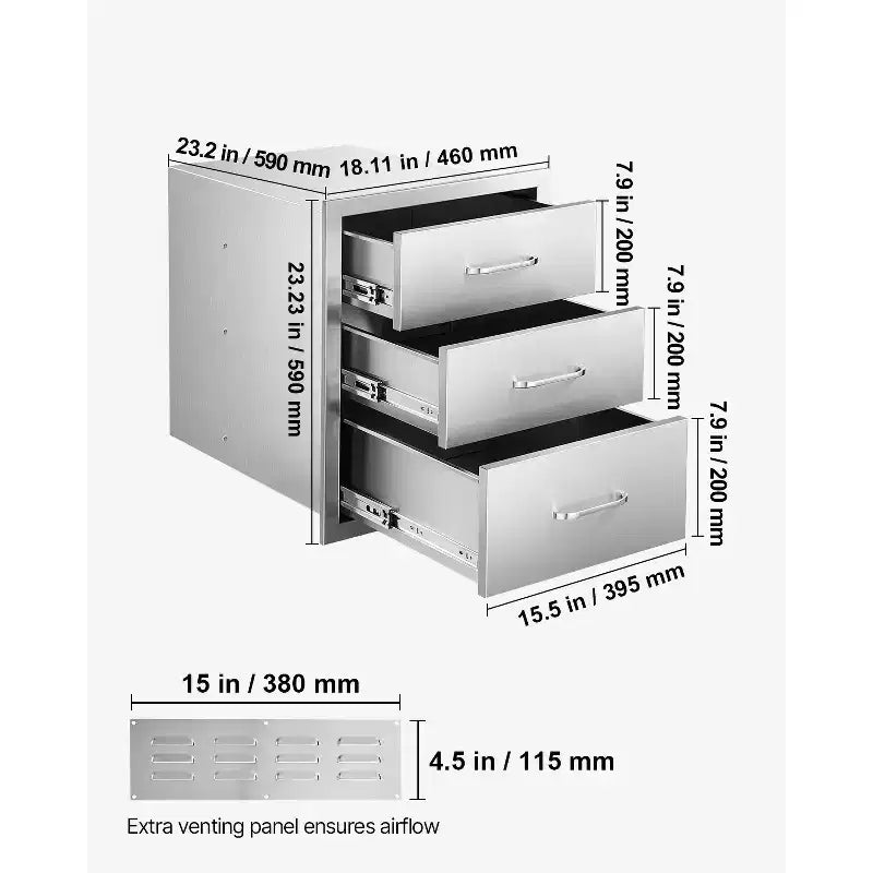 Tiroirs de cuisine extérieure VEVOR 18,11 L x 23,23 P x 23,23 H, tiroirs de barbecue en acier inoxydable à triple accès avec poignées, argent