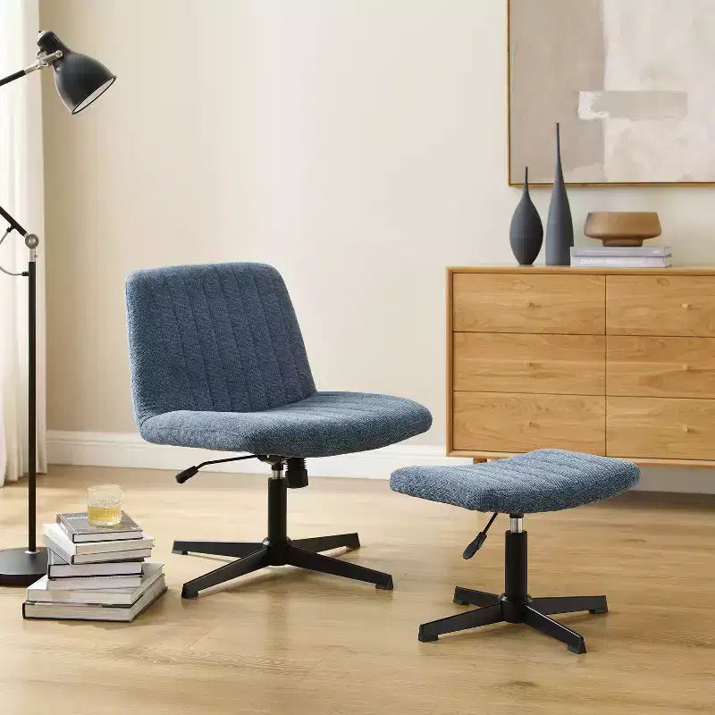 Fauteuil pivotant Art Leon, Chaise de bureau sans roulettes, Chaise sans accoudoirs moderne rembourrée en tissu bouclé avec repose-pieds