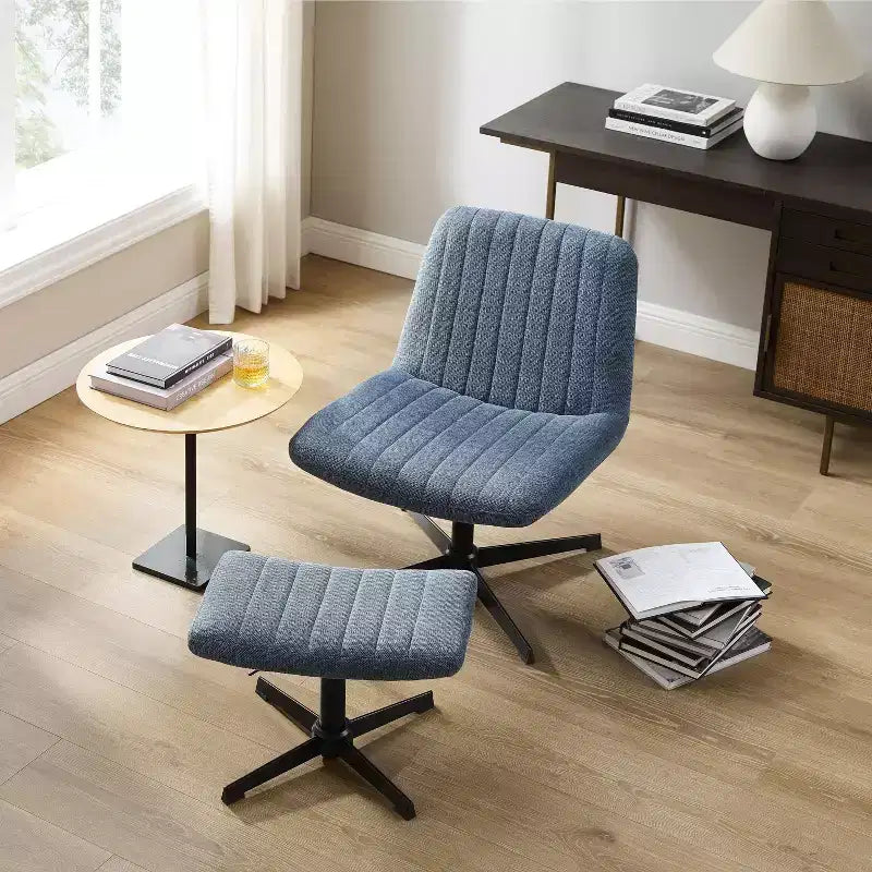 Fauteuil pivotant Art Leon, Chaise de bureau sans roulettes, Chaise sans accoudoirs moderne rembourrée en tissu bouclé avec repose-pieds