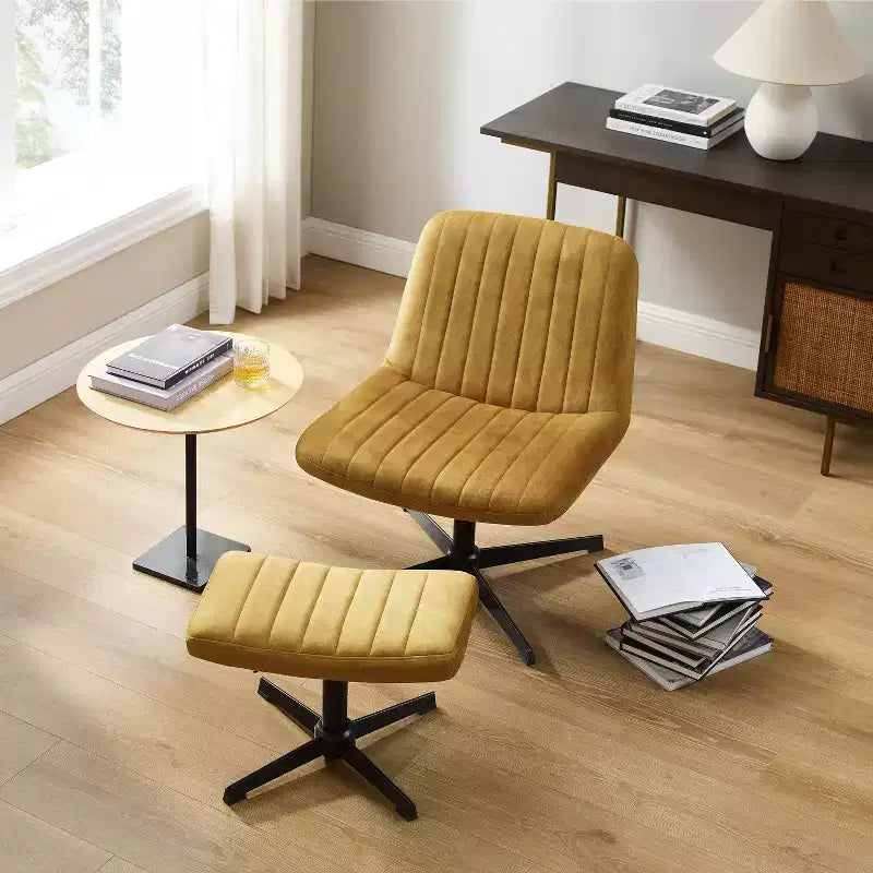 Fauteuil pivotant Art Leon, Chaise de bureau sans roulettes, Chaise sans accoudoirs moderne rembourrée en tissu bouclé avec repose-pieds