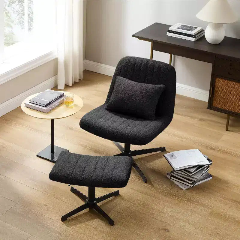 Fauteuil pivotant Art Leon, Chaise de bureau sans roulettes, Chaise sans accoudoirs moderne rembourrée en tissu bouclé avec repose-pieds