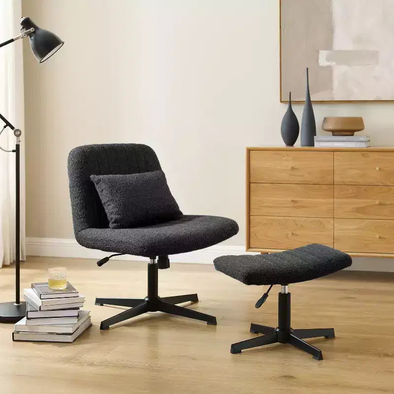 Fauteuil pivotant Art Leon, Chaise de bureau sans roulettes, Chaise sans accoudoirs moderne rembourrée en tissu bouclé avec repose-pieds