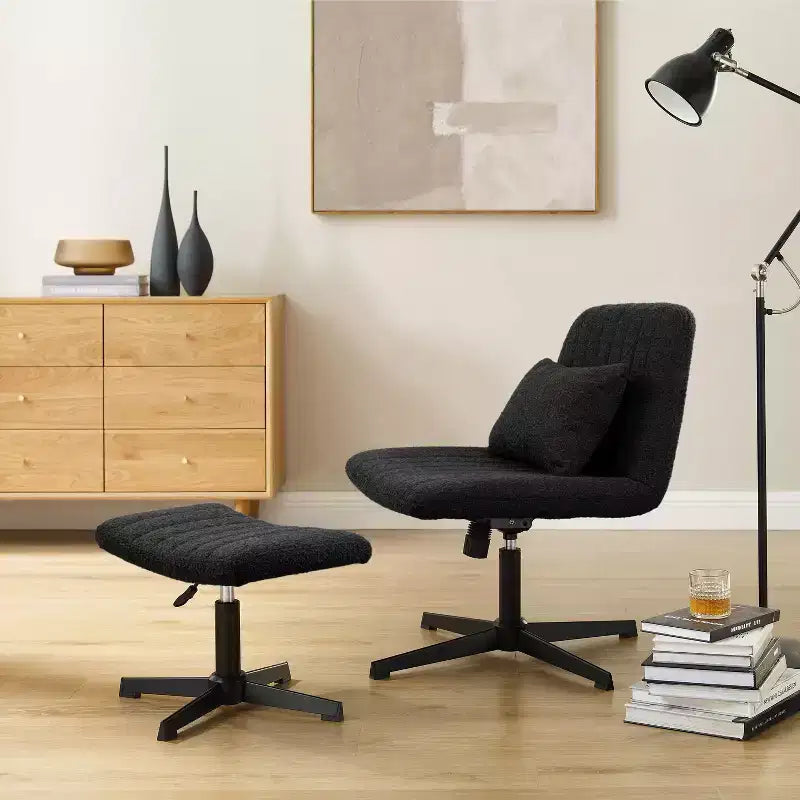 Fauteuil pivotant Art Leon, Chaise de bureau sans roulettes, Chaise sans accoudoirs moderne rembourrée en tissu bouclé avec repose-pieds