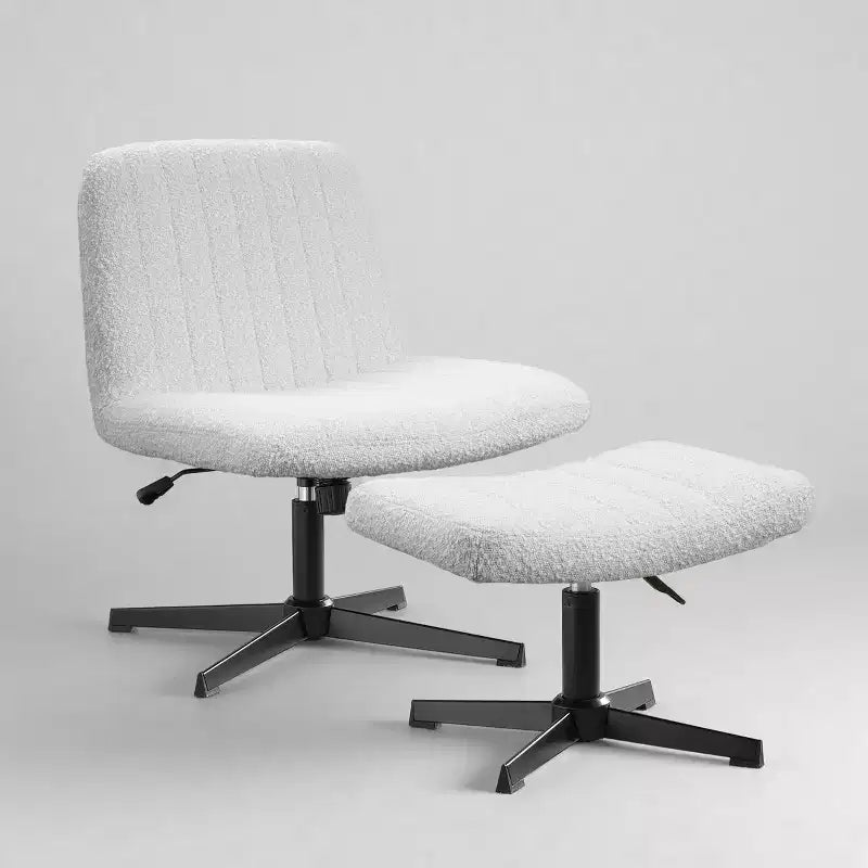 Fauteuil pivotant Art Leon, Chaise de bureau sans roulettes, Chaise sans accoudoirs moderne rembourrée en tissu bouclé avec repose-pieds