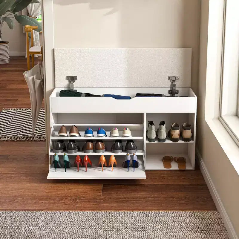 Meuble d'entrée FurnitureR avec rangement à chaussures, tiroirs à abattant à 3 niveaux, armoire dissimulée, organisateur peu encombrant, blanc