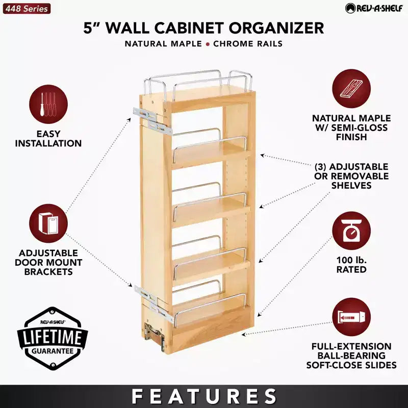 Organisateur de rangement coulissant Rev-A-Shelf 5 pour armoires de cuisine murales, étagères réglables coulissantes pour épices ou conserves, bois et chrome, 448-WC-5C