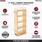 Organisateur de rangement coulissant Rev-A-Shelf 5 pour armoires de cuisine murales, étagères réglables coulissantes pour épices ou conserves, bois et chrome, 448-WC-5C