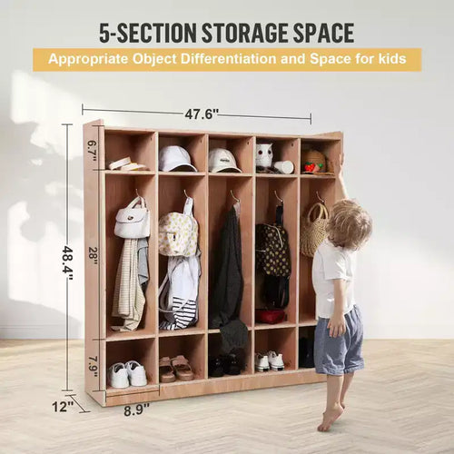 Vestiaire à 5 sections en bois pour enfants, 5 sections, 5 crochets, 4 roues et 2 bacs de rangement, pour la maison et l'école