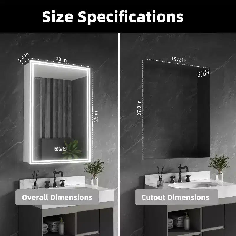 FAMYYT Armoire à pharmacie lumineuse en aluminium de 20 po L x 28 po H avec miroir, intensité variable, anti-buée, entièrement assemblée