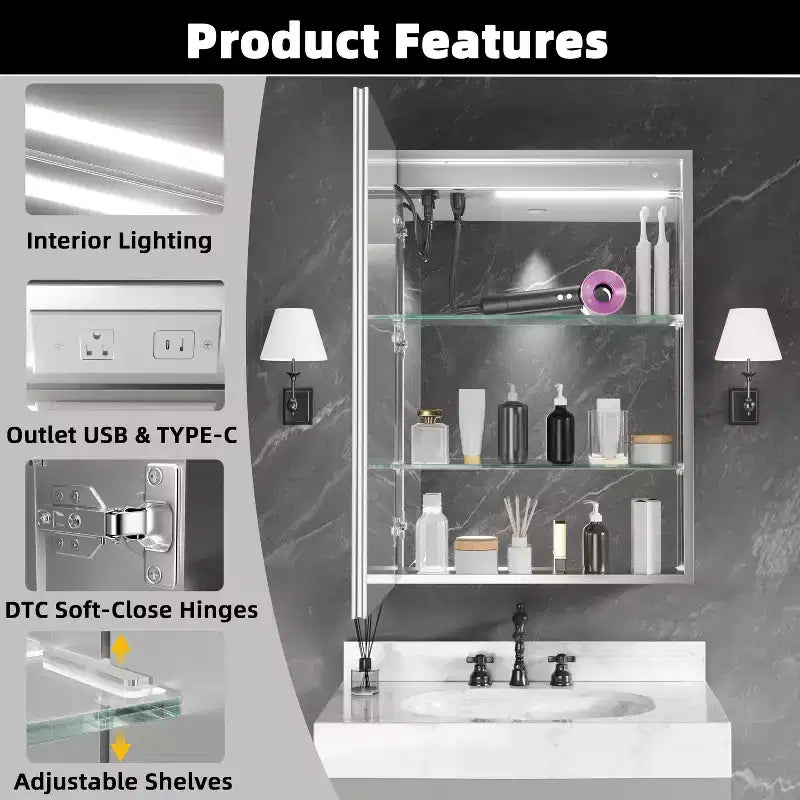 FAMYYT Armoire à pharmacie lumineuse en aluminium de 20 po L x 28 po H avec miroir, intensité variable, anti-buée, entièrement assemblée