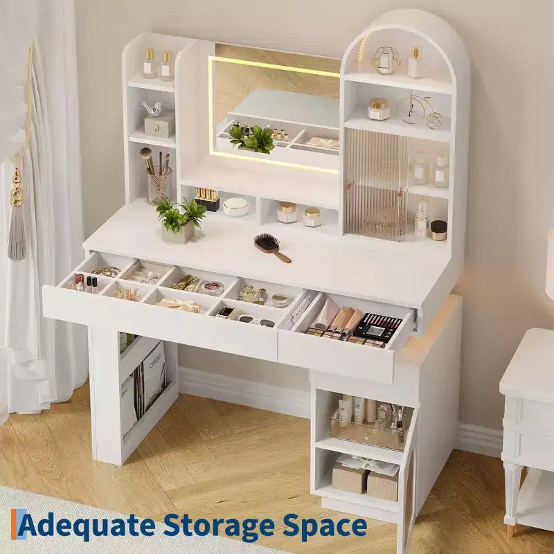 Coiffeuse avec miroir, lumières LED et prise de courant, table de maquillage avec 3 tiroirs et 11 étagères de rangement, ensemble de coiffeuse