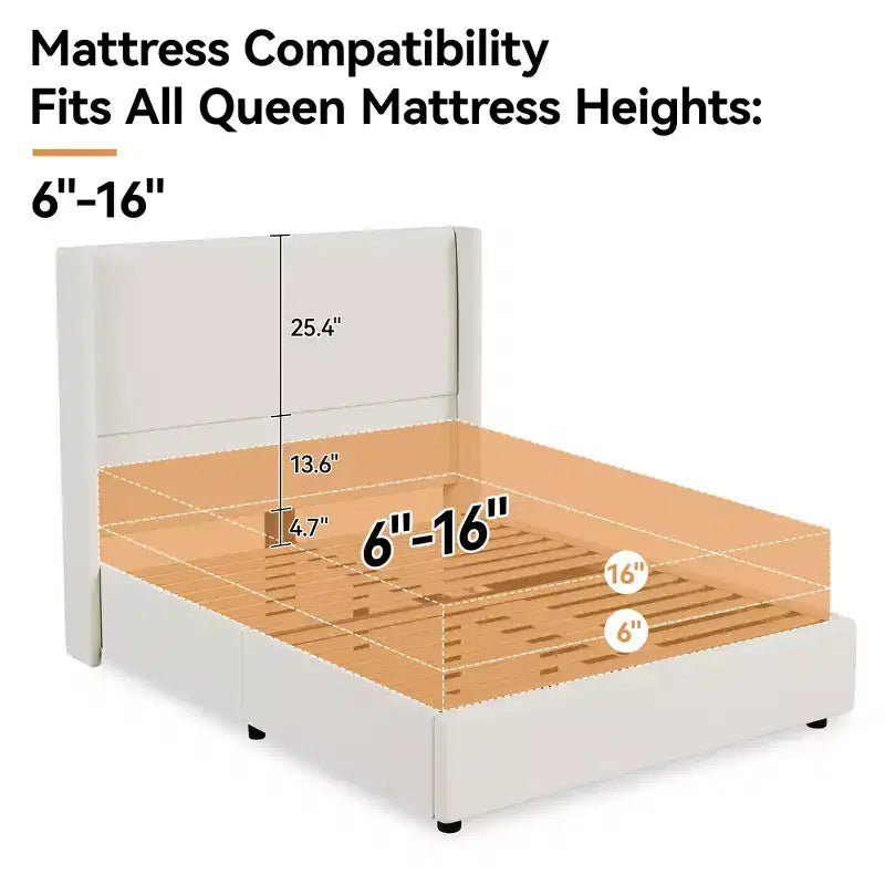 Cadre de lit Dyonery Queen, lit plateforme rembourré avec tête de lit capitonnée de 141 cm de haut, lattes en bois massif, sommier anti-bruit