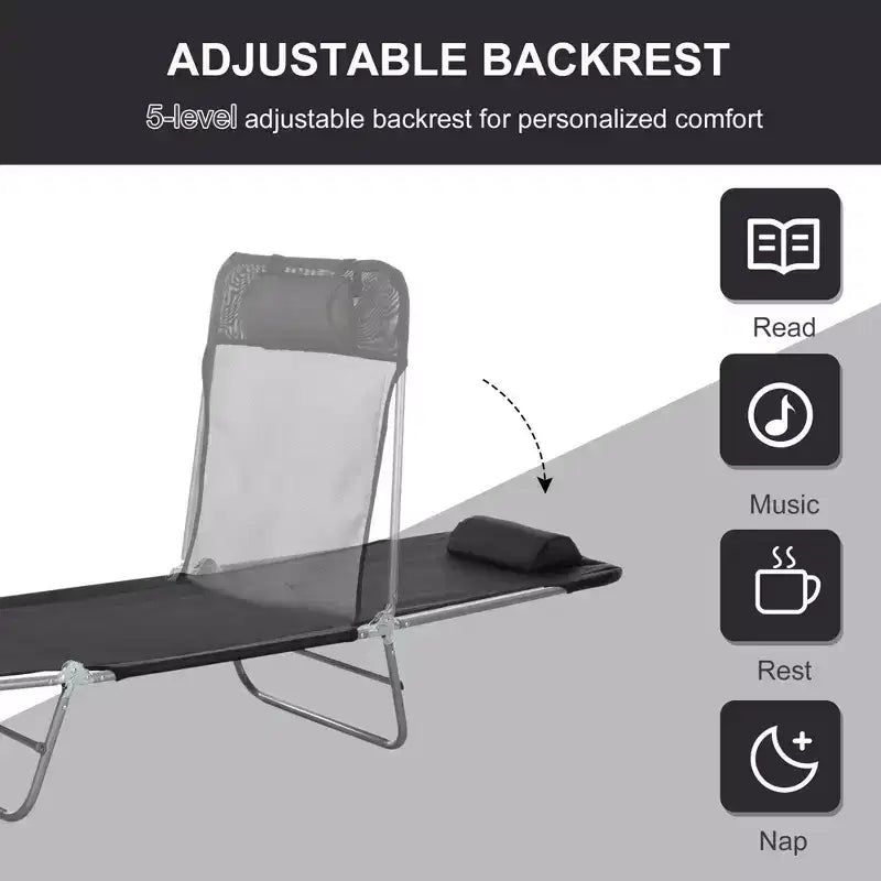 Chaise longue pliante avec oreiller, 6 positions d'inclinaison, maille respirante - Noir