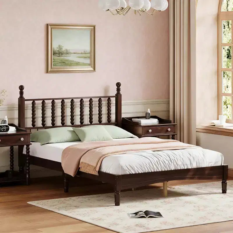 Lit plateforme rétro en bois Luxystar avec tête de lit en forme de calebasse